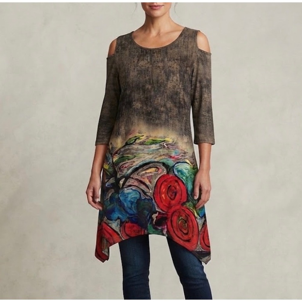 Papa Vancouver Abstract Floral Cold Shoulder Tunic Top Sharkbite Hem Grey M